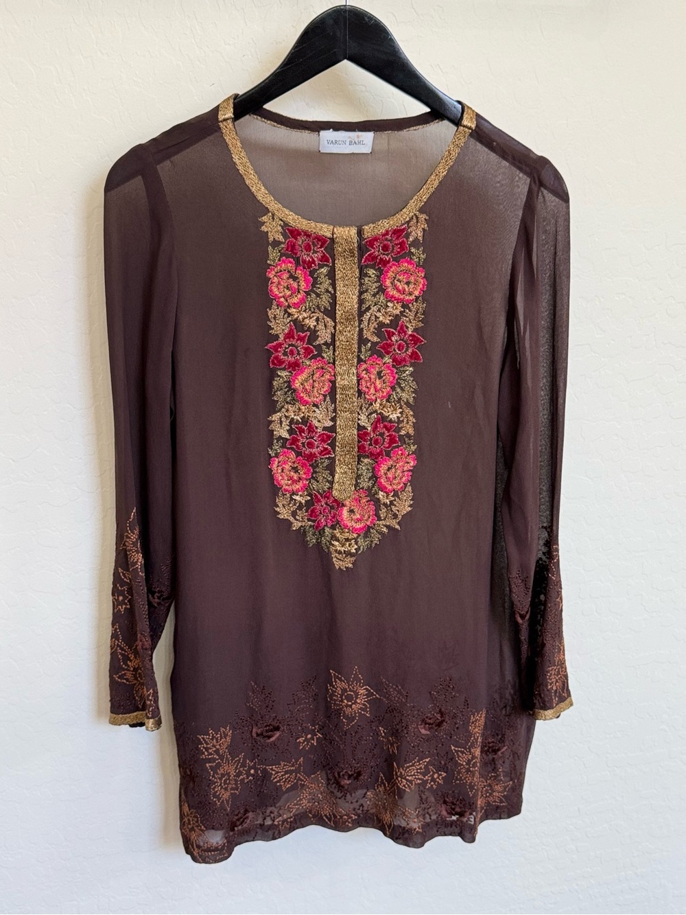 Varun Bahl Luxury Sheer Brown Georgette Floral Velvet Embroidered Tunic Kurti
